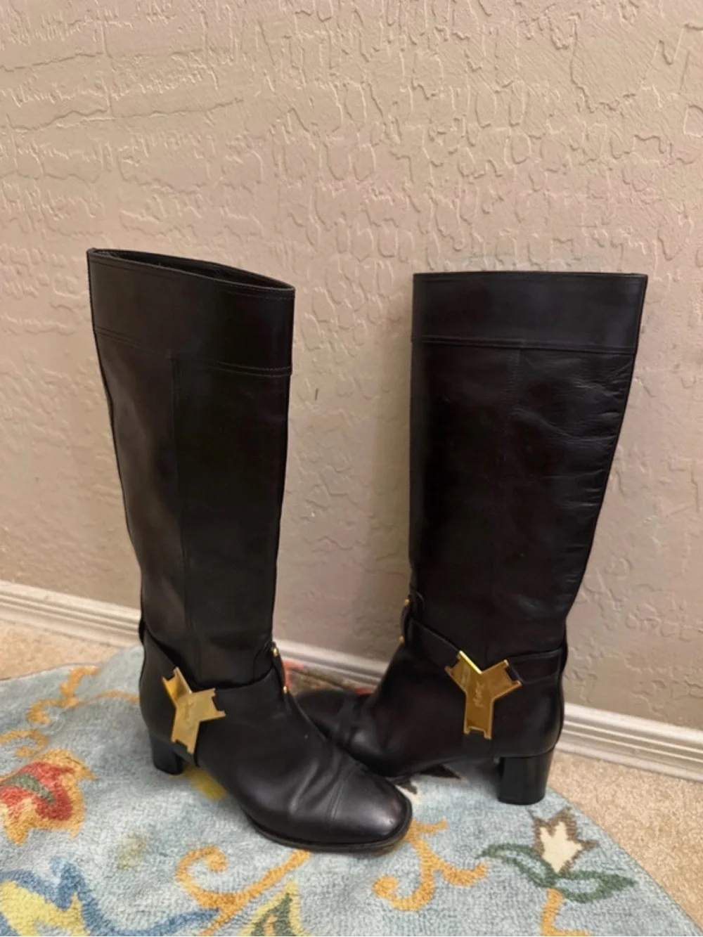 Yves Saint Laurent Black Over-the-Knee Leather Boots with Gold Studs